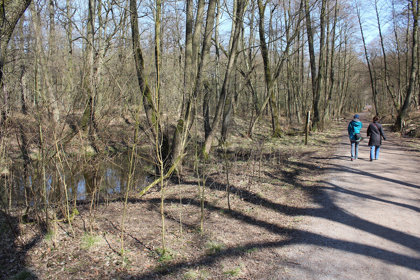 Spazierweg neben Bach mit zwei Spaziergängern