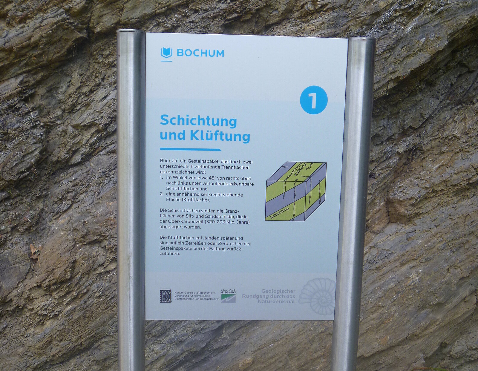Infotafel vor Felswand.