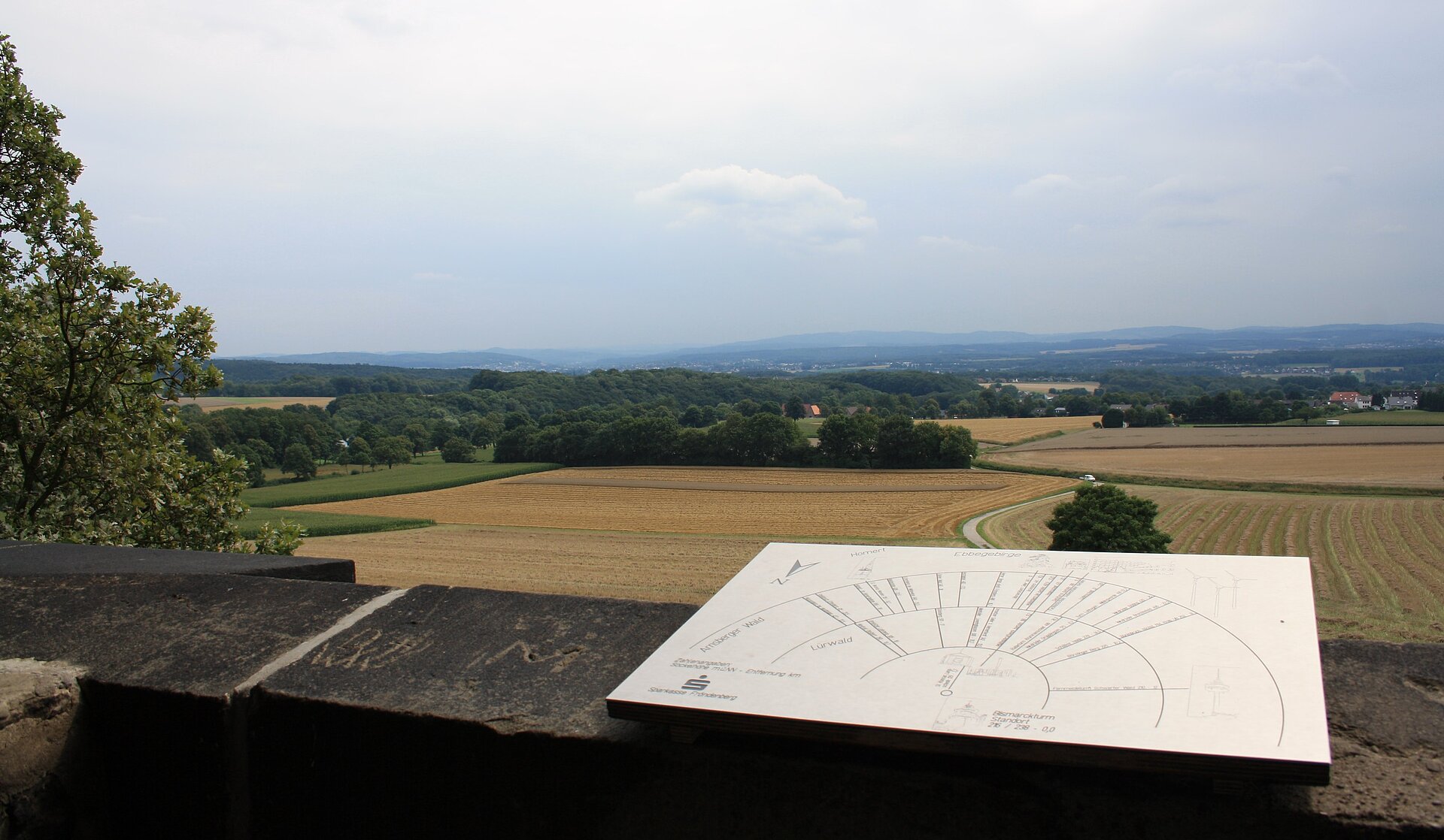 Blick auf hügelige Landschaft mit Richtungsanzeiger