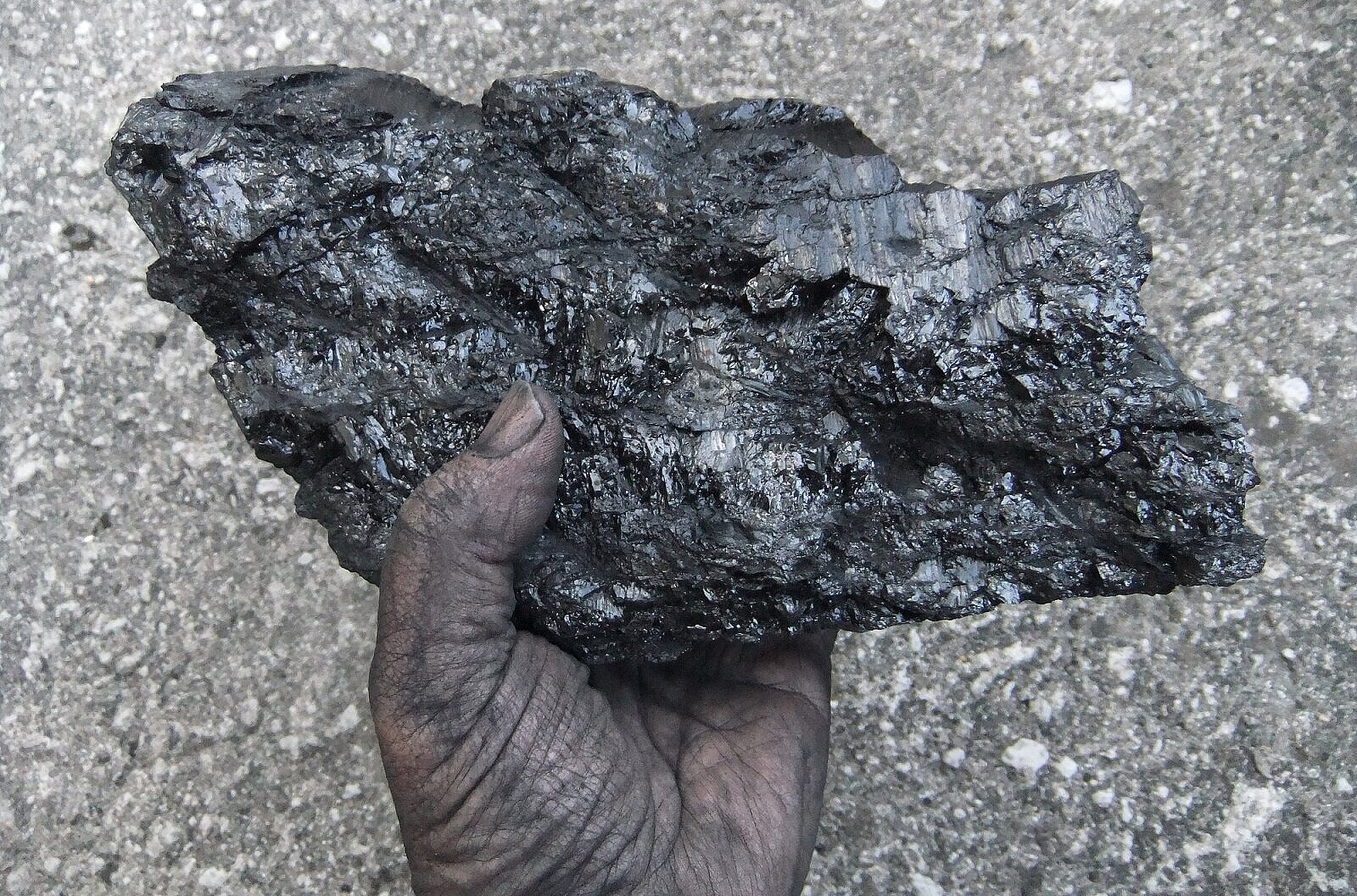 Schwarze Hand mit Steinkohlebrocken