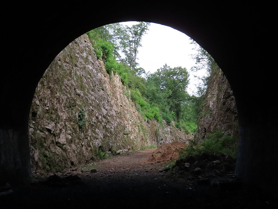 Blick aus Tunnel auf Felswand