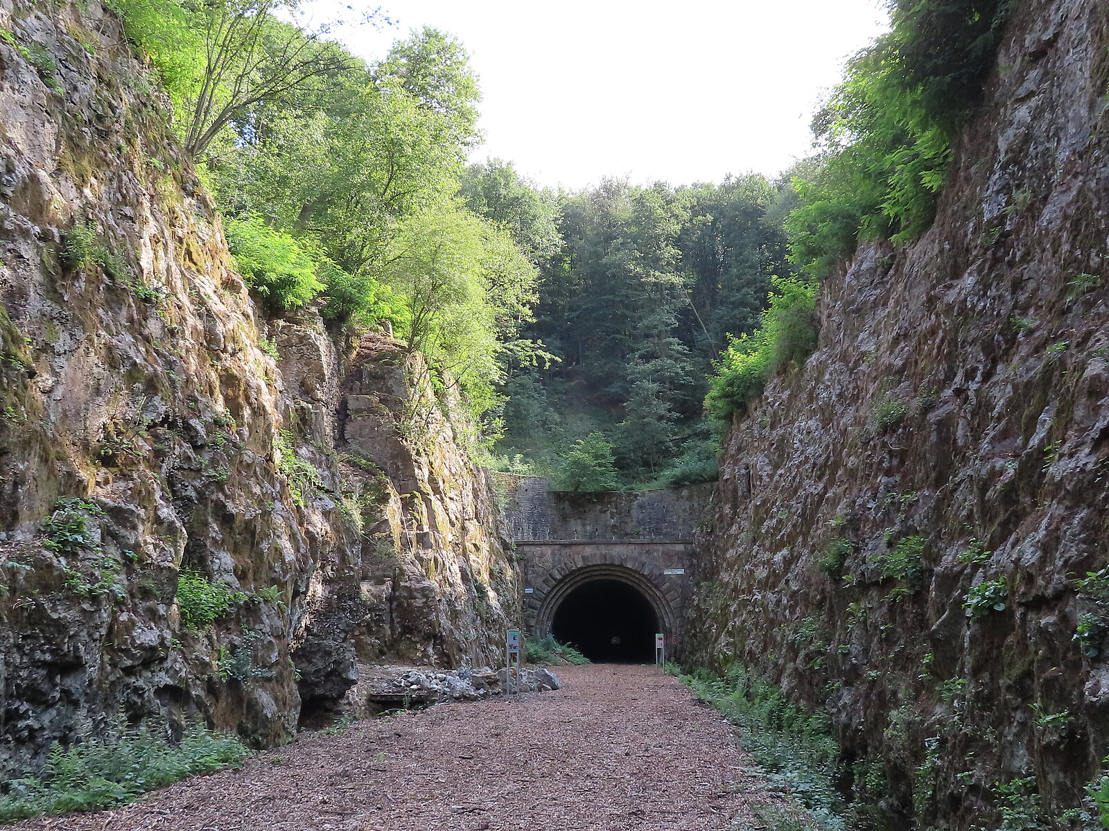 Schlucht mit Tunneleingang und Infotafeln