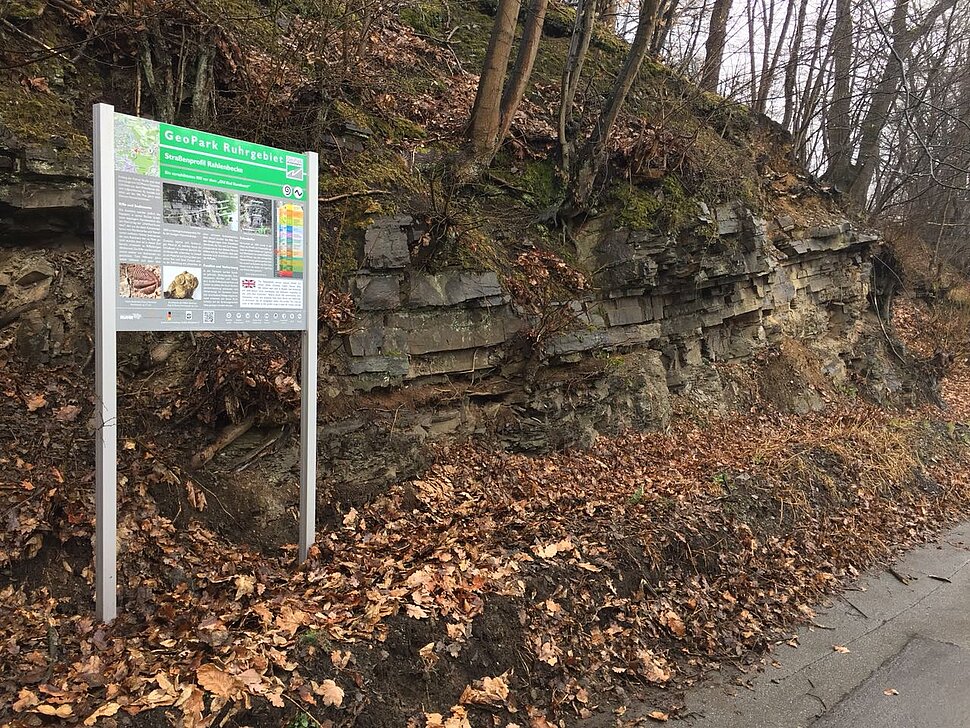 Infotafel mit Felsböschung im Hintergrund