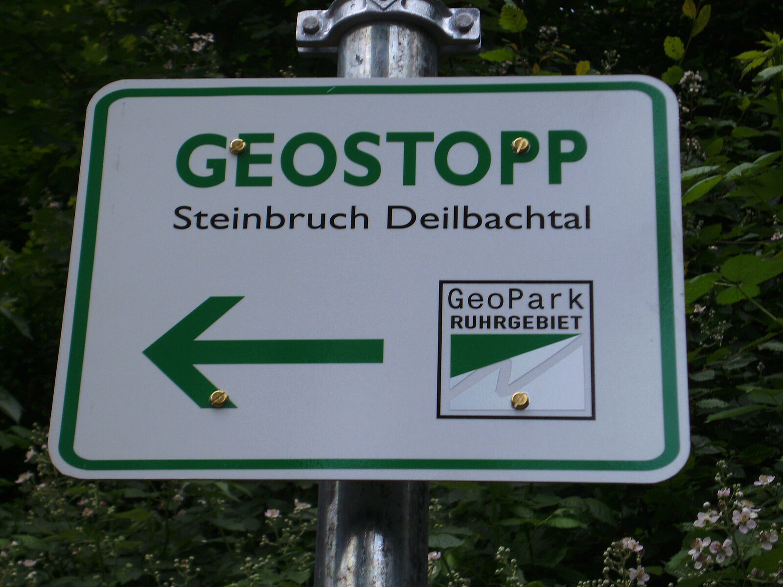 Schild mit Aufschrift "Geostopp Steinbruch Deilbachtal" und GeoPark-Logeo