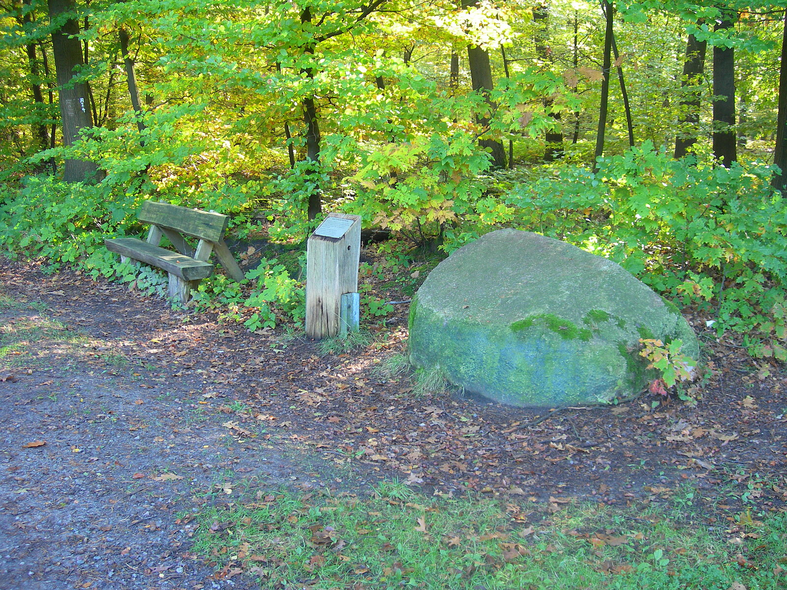 Flacher Felsblock, kleines Schild, Bank