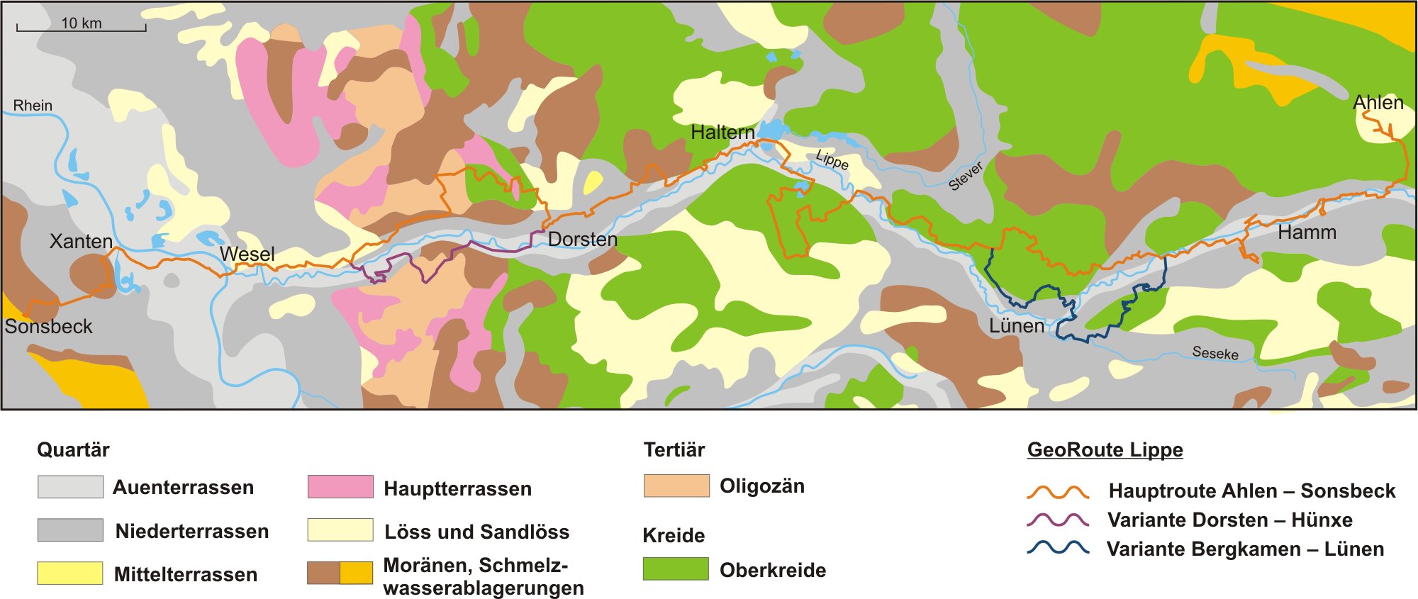 Vereinfachte geologische Karte und Streckenverlauf der GeoRoute Lippe