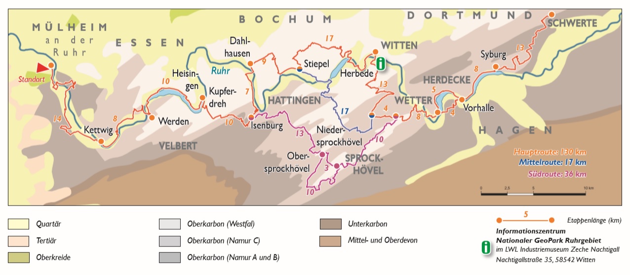 Vereinfachte geologische Karte mit dem verlauf der GeoRoute Ruhr und Kilometrierung der Streckenabschnitte