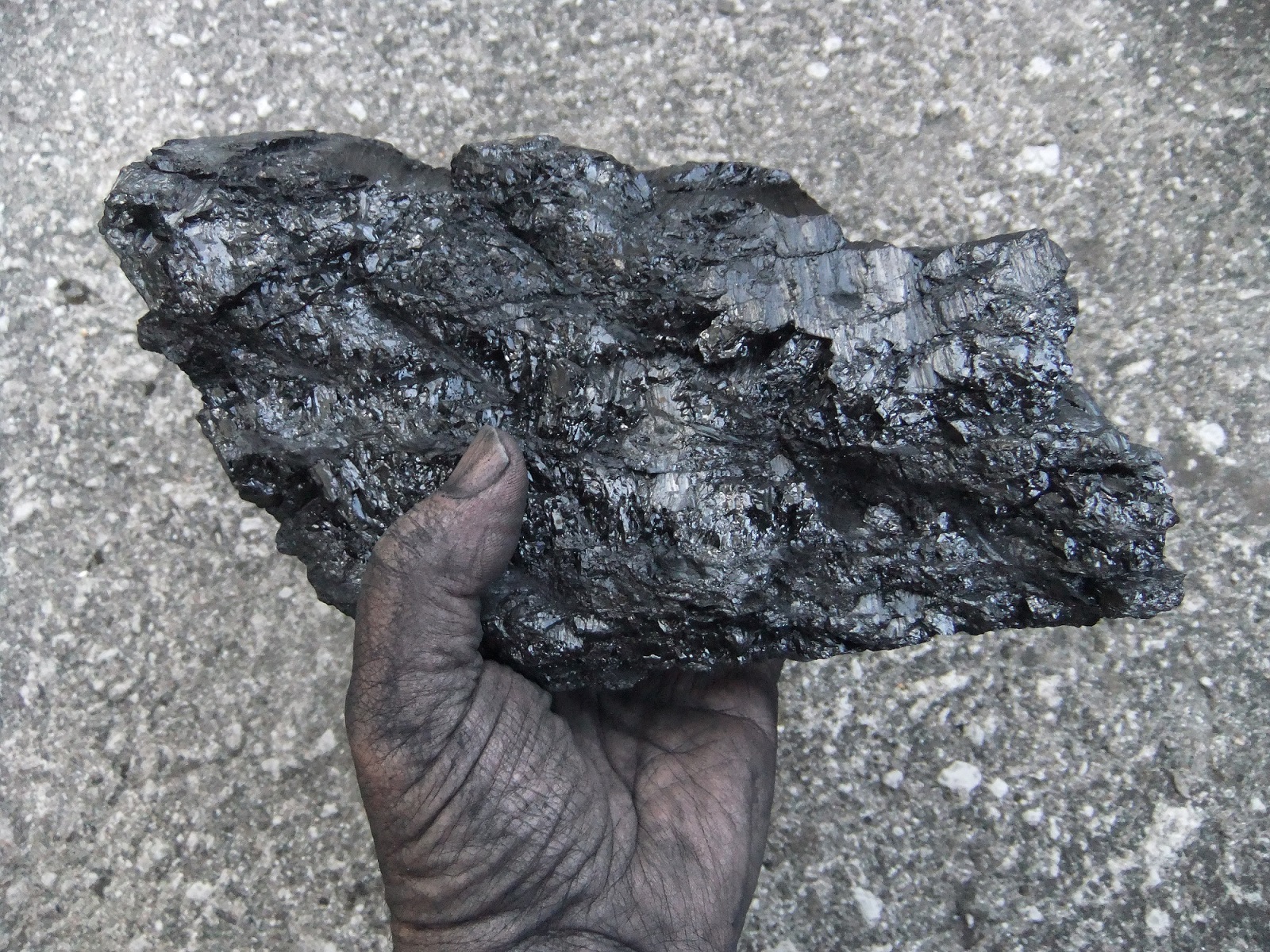 Schwarze Hand mit Steinkohlebrocken