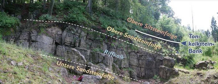 Felswand des Steinbruchs mit eingezeichneten Schichten