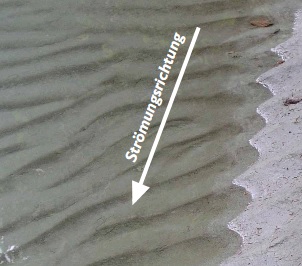 Wellenrippen im Sand mit Pfeil, der die Strömungsrichtung zeigt