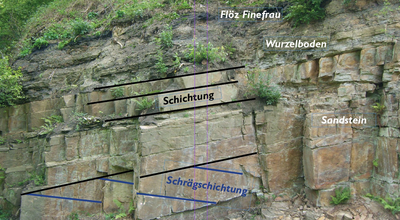Foto mit Beschriftung der Gesteinsarten und Schichtungsverläufe