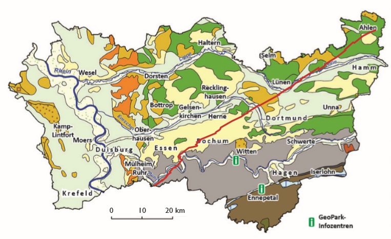 Geologische Karte des Ruhrgebiets mit Südost-Nordwest verlaufender Linie