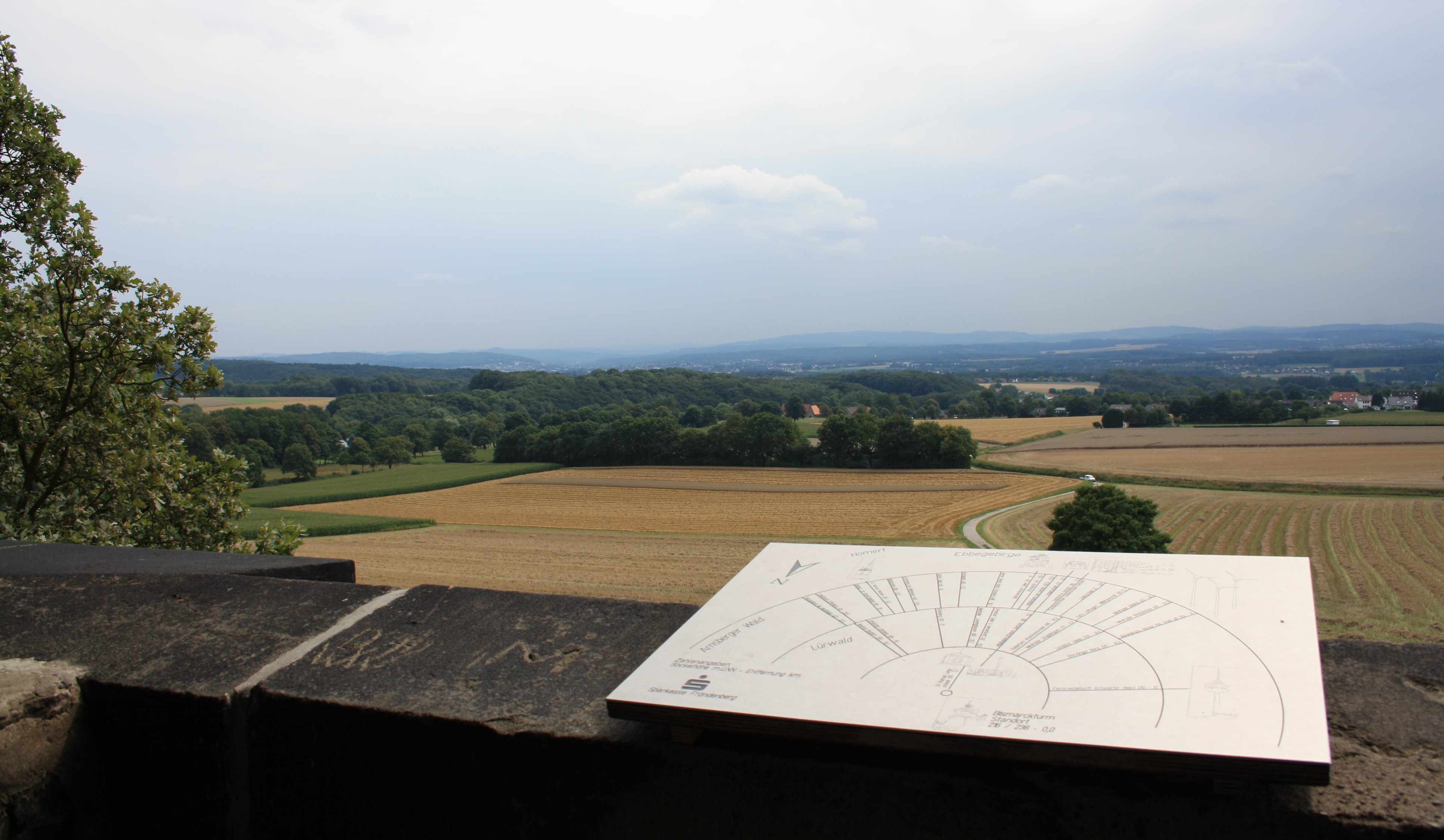 Blick auf hügelige Landschaft mit Richtungsanzeiger