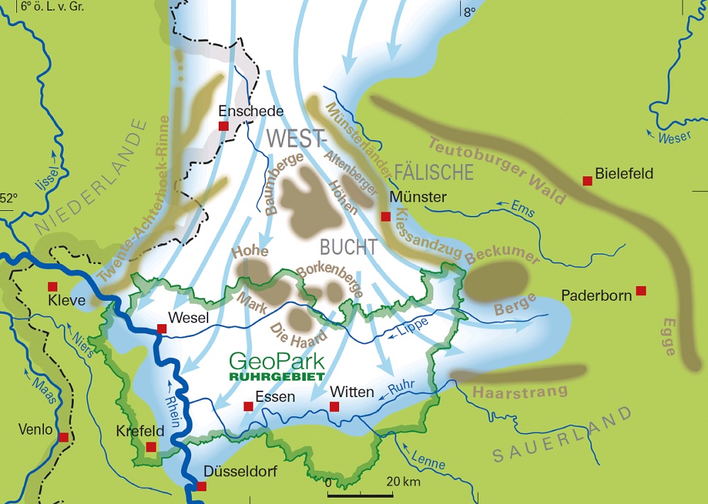 Lage des Gletschers über dem GeoPark Ruhrgebiet